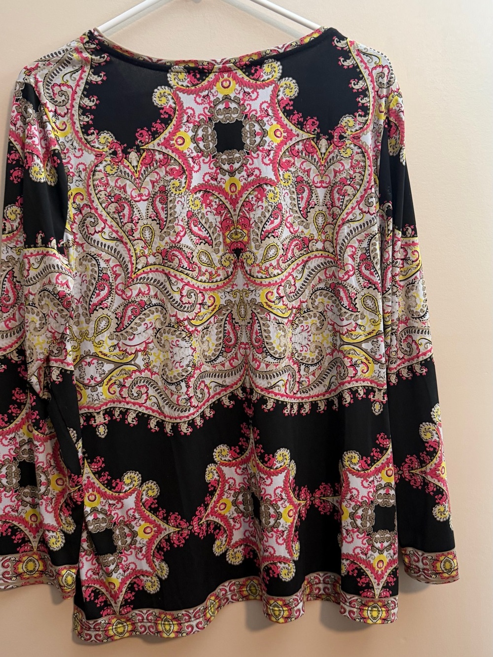 Susan Graver Black V-Neck Long Sleeve Paisley Top with Pink and Yellow Accents - Picture 6 of 6